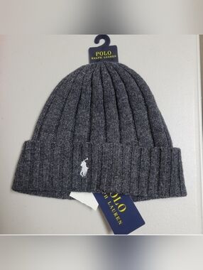 NWT polo Ralph Lauren Beanie Wool Blend Rib Kint Cuff Pony Logo Dark Grey.
